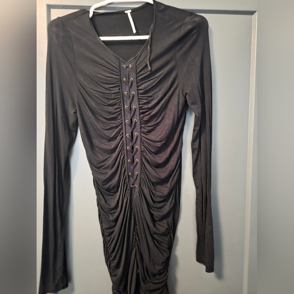 Free People Bella Lace-Up Tunic Top Noir Black Size Medium